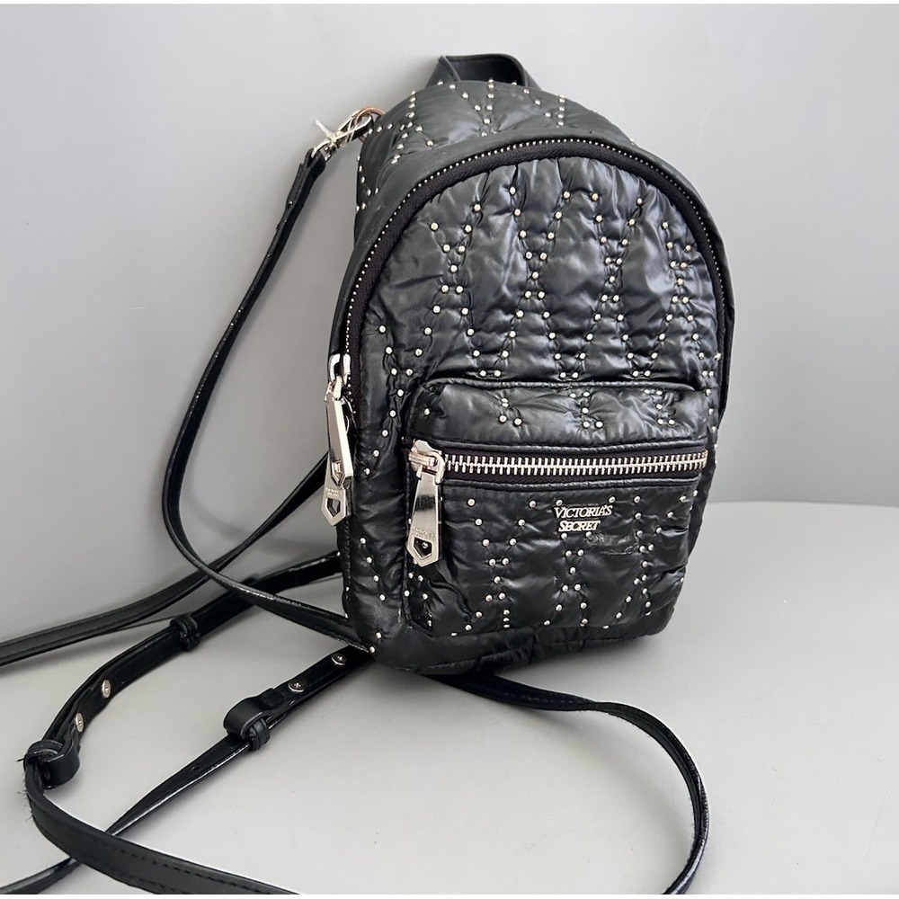 Victoria's Secret Signature MINI Black Gold Studded Small Puffer Backpack Y2K